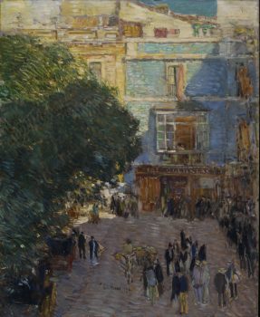 Childe Hassam, Square at Sevilla, Oil on wood, Overall: 25 9/16 x 20 13/16in. (65 x 52.8cm), framed, On loan from The Hispanic Society of America, New York.