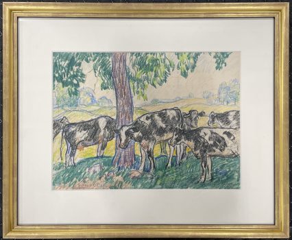 Gifford Beal, Landscape with Cows, crayon on paper, Overall: 15 3/4 × 19 1/4 × 1 1/4in. (40 × 48.9 × 3.2cm), Collection of Art in Embassies, Washington, D.C.; Gift of the Estate of Gifford Beal, Courtesy of Kraushaar Galleries, New York, New York