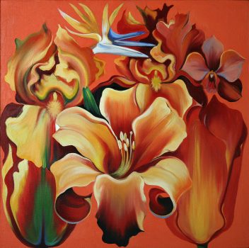Lowell Nesbitt, Orange Monochrome Flowers, acrylic on canvas, 26 x 26 in. (66.0 x 66.0 cm), Courtesy of Mr. Charles Revson, Greenwich, Connecticut