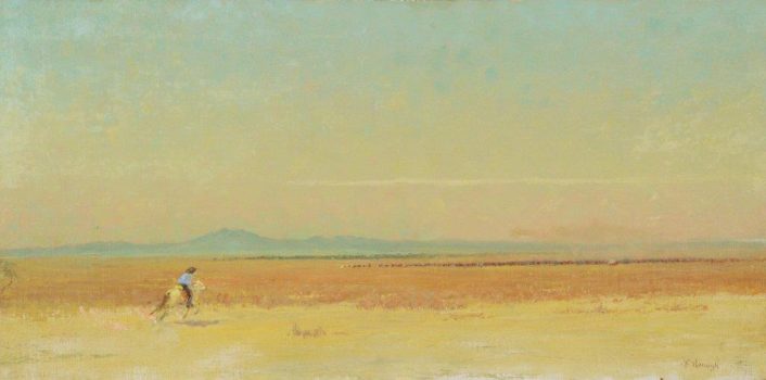Frank Reaugh, Distant Herd...Going, Oikl on canvas mounted on board, Overall: 24 1/4 x 38 1/2 x 2 1/2in. (61.6 x 97.8 x 6.4cm), Courtesy of Panhandle Plains Historical Museum, Canyon, Texas
Frank Reaugh Estate