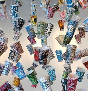 Gwyneth Leech, New York Cup Cascade, Mixed media and 75 upcycled coffee cups, Overall: 108 x 33 x 24in. (274.3 x 83.8 x 61cm) installed, Courtesy of the artist, New York, New York