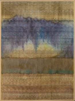 Polly Barton, Fertile Ground, Handwoven silk warp, silk and metallic weft, Ikat in silk and metallic thread, with additional dye painted on the warp before weaving
, Overall: 41 1/2 × 31 1/4in. (105.4 × 79.4cm), Courtesy of the artist, Santa Fe, New Mexico, and Gravers Lane Gallery, Philadelphia, Pennsylvania