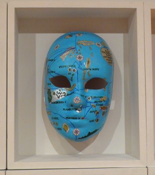 Joyce Kozloff, Voyages 57: Feejee Islands, Cast paper, collage, watercolor and acrylic; Chart of Fiji by Captain James Wilson, 1799, decorated with collage of compasses from old maps, Overall: 8 1/2 x 6 1/4 x 3 1/2in. (21.6 x 15.9 x 8.9cm),