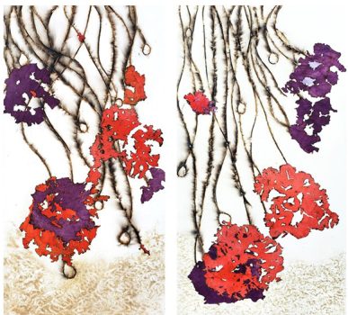 Mira Lehr, Frozen in the Fire A &B, Burned and dyed Japanese paper, ignited fuses, gunpowder, and acrylic on canvas, Overall: 88 × 88in. (223.5 × 223.5cm) 88 × 44in. (223.5 × 111.8cm) each, Courtesy of the artist, Miami, Florida