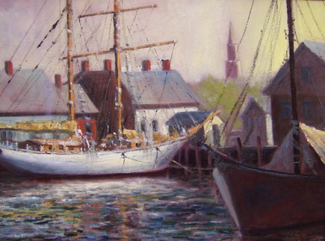 Jonathan McPhillips, Bowen's and Bannister's Wharf, Oil on panel, 17 x 20 in. (43.2 x 50.8 cm) framed, Courtesy of the artist, Saunderstown, Rhode Island