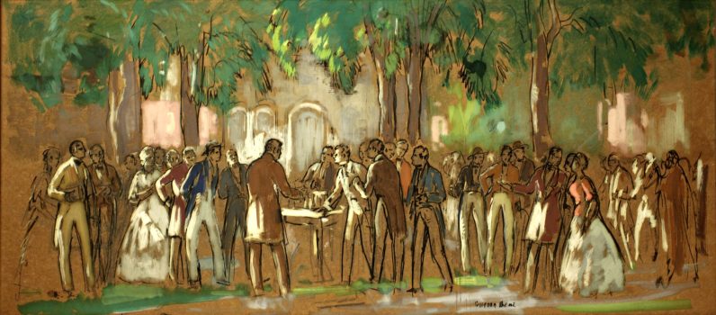 Gifford Beal, Group of Men and Women Under the Trees, Oil on Masonite, Overall: 18 1/4 × 40in. (46.4 × 101.6cm), Collection of Art in Embassies, Washington, D.C.; Gift of the Estate of Gifford Beal, Courtesy of Kraushaar Galleries, New York, New York
