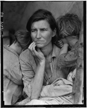 Dorothea Lange, Destitute pea pickers in California. Mother of seven children. Age thirty-two. Nipomo, California (Migrant mother), Digital reproduction of black and white photograph, Overall: 10 × 8in. (25.4 × 20.3cm), Courtesy of the Library of Congress Prints and Photographs Division Washington, D.C.