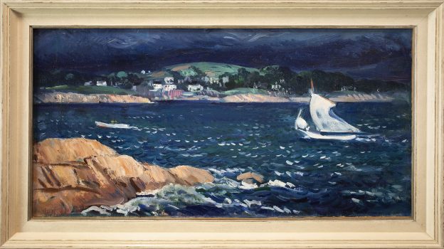 Gifford Beal, Sailboat in a Cove, Oil on canvas, Overall: 20 x 36 x 1 3/4in. (50.8 x 91.4 x 4.4cm), Collection of Art in Embassies, Washington, D.C.; Gift of the Estate of Gifford Beal, Courtesy of Kraushaar Galleries, New York, New York