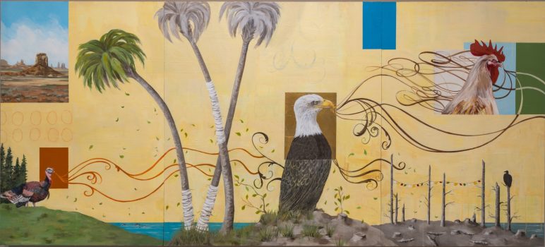 Kazaan Viveiros, American Landscape, Acrylic, gold leaf, pencil on panels, Overall: 36 x 80in. (91.4 x 203.2cm),