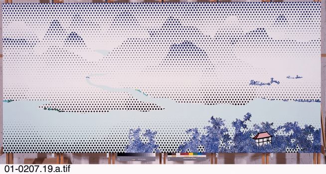 Roy Lichtenstein, Landscape with River, oil and magna on canvas, 54 3/4 x 115 1/2 in. (139.1 x 293.4 cm), Courtesy of PaceWildenstein, New York, © Estate of Roy Lichtenstein