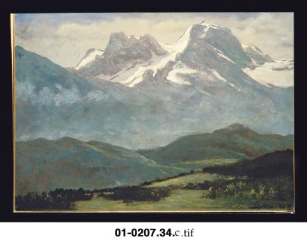 Albert Bierstadt, Summer Snow on the Peaks, oil on paper on board, 13 1/2 x 18 7/8 in. (34.3 x 47.9 cm) unframed
16 x 20.5 in. framed, Courtesy Buffalo Bill Historical Center, Cody, WY; gift of William F. Davidson