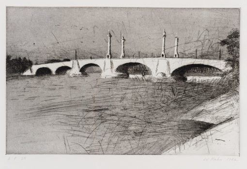 Wolf Kahn, Northern View, Memorial Bridge, Springfield, MA, Etching, drypoint, and aquatint, Plate: 8 1/2 × 13 1/2in. (21.6 × 34.3cm); paper: 18 × 22 1/2in. (45.7 × 57.2cm); frame: 20 × 24 1/2in. (50.8 × 62.2cm), Wolf Kahn Collection, Courtesy of the Wolf Kahn Foundation, New York, New York