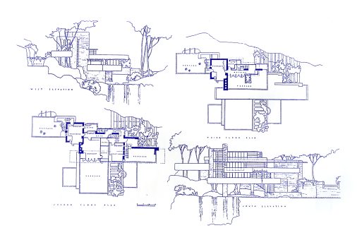 Frank Lloyd Wright, Falling Water Blueprint, Upper Floors, Blueprint on paper, Other: 24 x 36in. (61 x 91.4cm) image; 23 x 31 in. (58.4 x 78.7 cm) framed, Collection of Art in Embassies, Washington, D.C. Gift of S.E. Mansfield