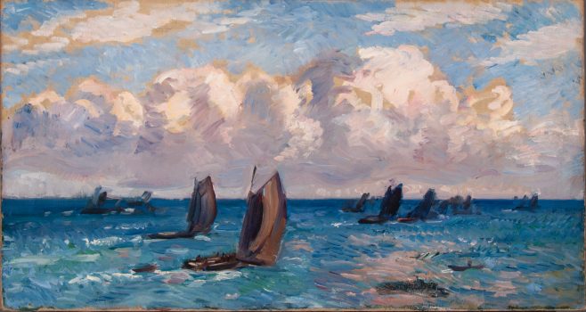 Gifford Beal, Fleet of Sailboats, oil on canvas, Overall: 16 x 30in. (40.6 x 76.2cm), Collection of Art in Embassies, Washington, D.C.; Gift of the Estate of Gifford Beal, Courtesy of Kraushaar Galleries, New York, New York