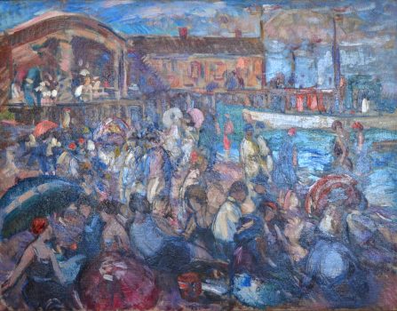 Gifford Beal, Pier and Bathing Figures, Oil on canvas, Overall: 35 × 42 3/4 × 3in. (88.9 × 108.6 × 7.6cm), Collection of Art in Embassies, Washington, D.C.; Gift of the Estate of Gifford Beal, Courtesy of Kraushaar Galleries, New York, New York
