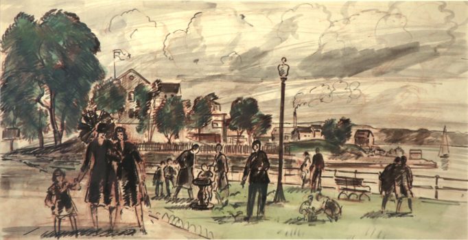 Gifford Beal, Promenade (Gloucester Harbor), Ink, watercolor and crayon on board, Overall: 10 3/4 x 20in. (27.3 x 50.8cm), Collection of Art in Embassies, Washington, D.C.; Gift of the Estate of Gifford Beal, Courtesy of Kraushaar Galleries, New York, New York