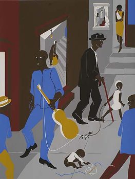 Jacob Lawrence, Harlem Street Scene (People in Other Rooms), Screenprint, framed 32 x 25 1/4 in. (81.3 x 64.1 cm); image 25 3/4 x 19 3/4 in. (65.4 x 50.2 cm), Courtesy of William Watson Hines, New York, New York
