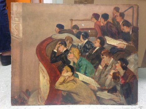 Gifford Beal, In the Audience, oil on board, Overall: 20 x 25in. (50.8 x 63.5cm), Collection of Art in Embassies, Washington, D.C.; Gift of the Estate of Gifford Beal, Courtesy of Kraushaar Galleries, New York, New York