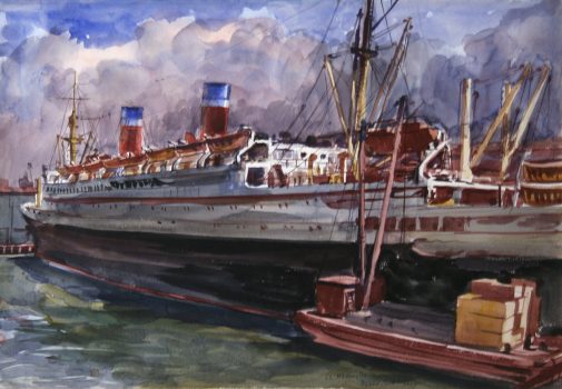 Reginald Marsh, SS Washington, Watercolor, Overall: 24 1/4 x 30 x 1 3/4 in. (61.6 x 76.2 x 4.4 cm), Collection of Art in Embassies, Washington, D.C.; Gift of William Benton