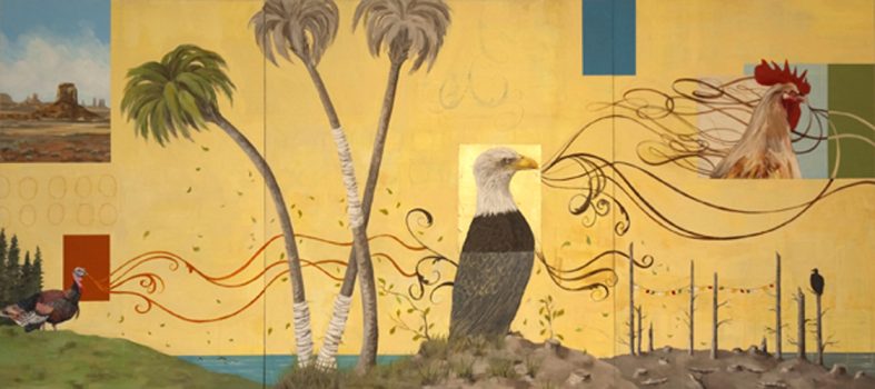 Kazaan Viveiros, American Landscape, Acrylic, gold leaf, pencil on panels, Overall: 36 x 80in. (91.4 x 203.2cm),
