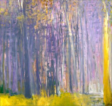 Wolf Kahn, Free Verticals, Oil on canvas, Image: 42 × 44in. (106.7 × 111.8cm); frame: 43 × 45in. (109.2 × 114.3cm), Courtesy of the Wolf Kahn Foundation