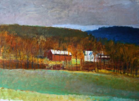 Wolf Kahn, Farm Seen Through Thinning Woods, Oil on canvas, Overall: 39 1/8 x 54 1/8 x 1 1/2 in. (99.4 x 137.5 x 3.8 cm), Courtesy of the artist, Brattleboro, Vermont and New York, New York