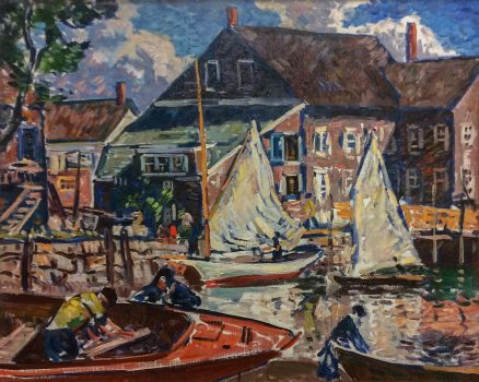 Gifford Beal, Boats on the Pier, Oil on canvas, Overall: 33 1/4 x 41 1/4 x 1 1/2in. (84.5 x 104.8 x 3.8cm), Collection of Art in Embassies, Washington, D.C.; Gift of the Estate of Gifford Beal, Courtesy of Kraushaar Galleries, New York, New York